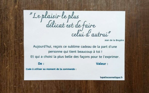 carte cadeau LUPA'lis cosmétiques naturels bio français fabriqués artisanalement en Lozère